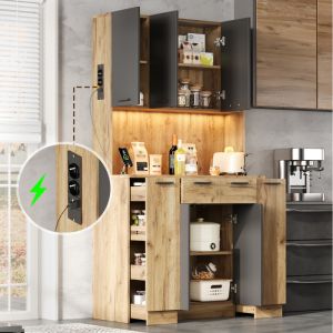 Armario de cocina alto con luz LED y enchufe negro natural 180x100x40cm