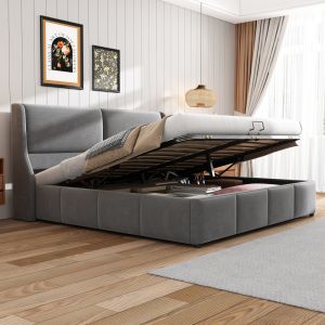Cama con sistema hidráulico 180x200cm tapizada en terciopelo – gris