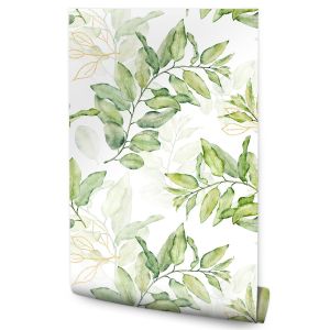 Papel Pintado Para Dormitorio Con Hojas Acuarela Y Naturaleza 53cm x 10m