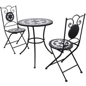 vidaXL set mesa y sillas jardín 3 pzas baldosa cerámica blanco y negro