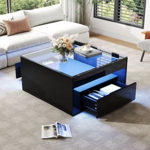Mesa de centro con LED cristal templado negro 35x70x70cm