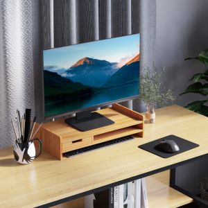 Soporte de monitor con 1 cajón y estante bambú natural 11,5x49x25,5cm