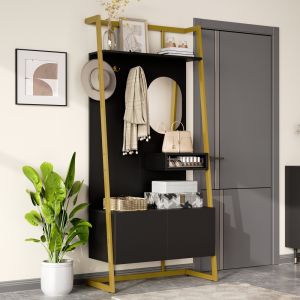 Mueble recibidor con espejo ganchos y zapatero negro 180,5x78x38,5cm