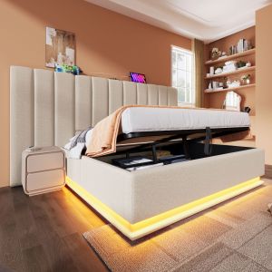 Cama tapizada 180x200cm almacenaje LED usb lino beige con colchón