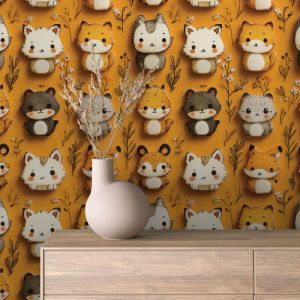 Papel baby animales diseño zorritos y gatitos fondo marron 60cm por 300cm