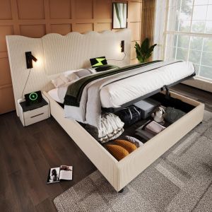 Cama doble tapizada 180x200cm con almacenaje LED usb beige