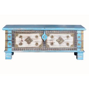 Baúl de madera de mango en color azul envejecido  116 cm