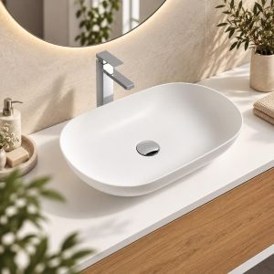 Lavabo blanco mate sobre encimera ovalado palio de mármol cultivado