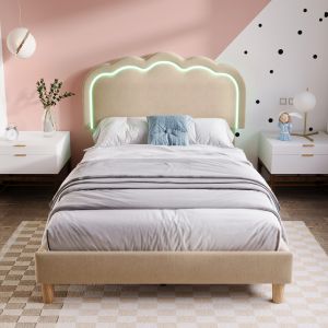 Cama tapizada 90x190cm con LED y cabecero ajustable lino – beige