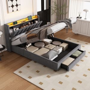 Cama 140x200cm canapé hidráulico cajón LED enchufe cabecero reversible gris
