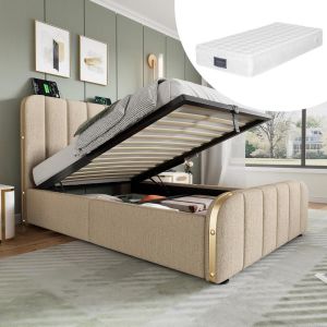 Cama individual 90x200 cm, beige, con colchón, elevación