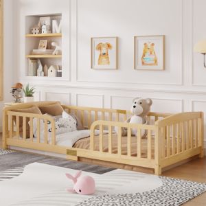 Cama individual 90x200cm con barrera y acceso central madera natural