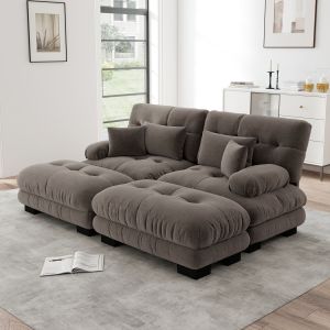 Sofá modular de chenilla marrón con 2 otomanas móviles y cojines para salón