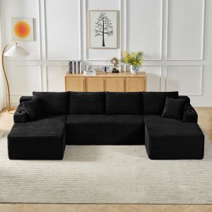 Sofá modular en u de pana negro 3 piezas asiento profundo sin montaje
