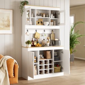 Aparador cocina vitrina botellero y ganchos blanco natural 175x106x39cm