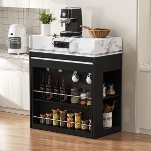Isla de cocina con mesa extensible y enchufes negro 96x83x46cm