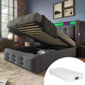 Cama 90x200 cm con cabecero, LED, usb y almacenamiento, gris
