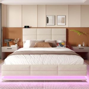 Cama tapizada de terciopelo 140x200cm con LED, usb-c y arcón beige
