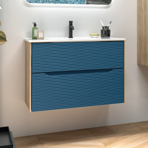 Mueble baño suspendido con lavabo cerámico | roble natural - blue | 100cm