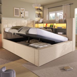Cama tapizada 140x200cm LED carga canapé lino beige con colchón