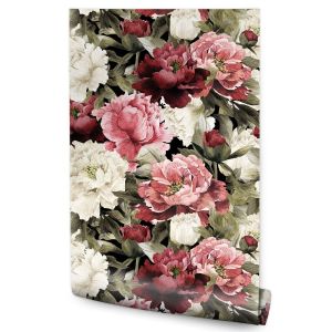 Papel Pintado Para El Salón Con Flores Peonías Hojas Naturaleza 53cm x 10m
