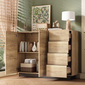 Aparador salón/cocina 2 puertas 4 cajones negro+natural 90,5x120x35,5cm