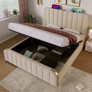 Cama tapizada 140x190 cm con canapé y usb tipo c lino – color beige
