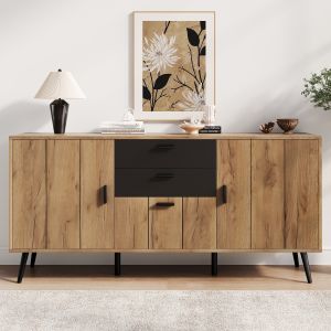 Aparador para salón comedor 3 puertas 2 cajones negro y natural 67x140x35cm