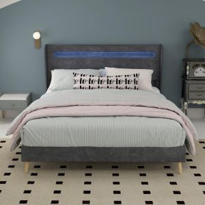 Cama con cabecero LED suave 140x200cm para dormitorio, gris