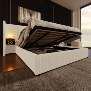 Cama tapizada 180x200cm con canapé y luz usb tipo-c pana – beige