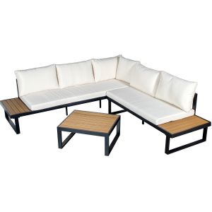 Set sofa esquina y mesa aluminio negro, listones de ps