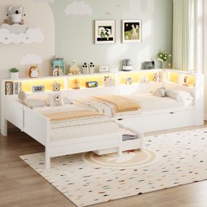Cama nido de madera 90x200 cm en forma l, LED y almacenaje – blanco