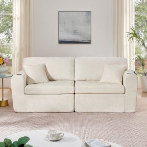 Sofá relax 2 plazas chenilla beige con usb y portavasos