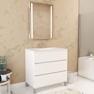 Mueble baño 80cm blanco 3 cajones + lavabo + espejo 60x80 + LED