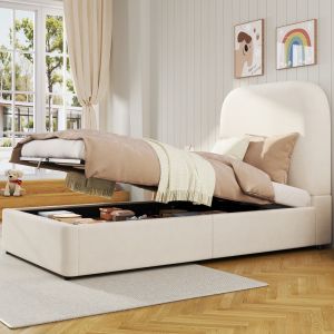 Cama tapizada 90x200cm con canapé y cabecero terciopelo – beige