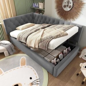 Cama 90x200 cm velours gris con almacenamiento hidráulico