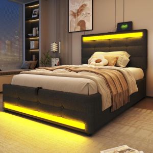 Cama infantil tapizada 90x200cm con usb LED gris