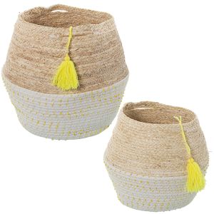 Set 2 cestos hojas maiz, aLGodon con lunares amarillos y borla