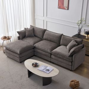 Sofá chaise longue en l chenilla gris con otomana