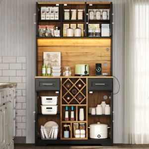 Armario alto de cocina con LED y botellero natural y negro 180x105x40cm