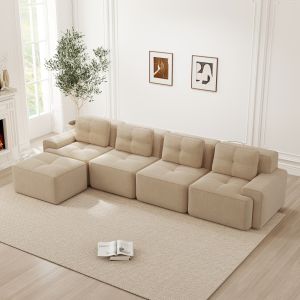 Sofá modular en l pana beige 4 plazas asiento profundo sin montaje