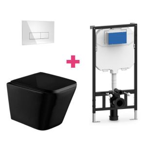 Pack inodoro pisa negro mate con cisterna y pulsador cromado rectangular