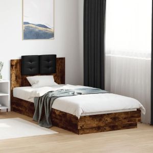 Cama cabecero luces LED roble ahumado 90x200 cm reg3349