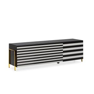 Mueble tv 180x44x46 cristal blanco, negro, acero dorado champagne, dm negro