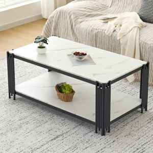 Mesa de centro rectangular con 2 estantes mdf blanco negro 46x114x64cm