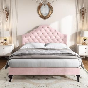 Cama 140x200cm con somier de lamas y cabecero ajustable, rosa