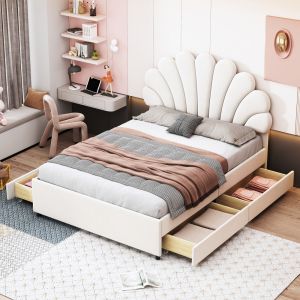 Cama tapizada 140x200cm con 4 cajones y cabecero floral terciopelo – beige