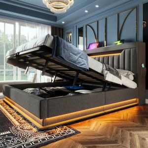 Cama tapizada 140x200cm LED usb almacenaje lino gris con colchón