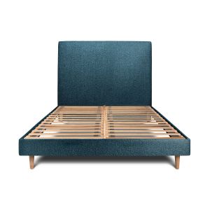 Cama de 135x190 cm con cabecero tapizado - tejido rizado - azul
