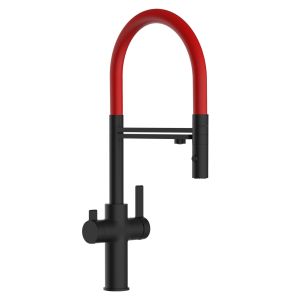 Grifo cocina 4 vías negro caño giratorio rojo flexible ducha 2chorros, FC